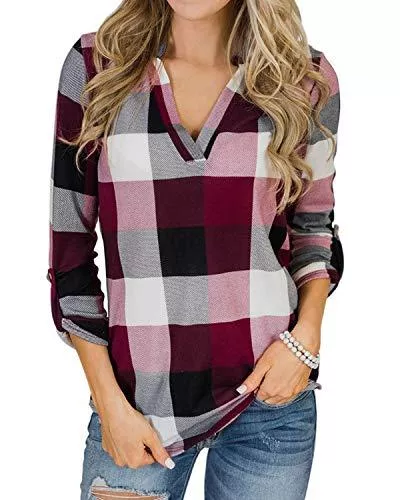 YOINS Langarmblusen YOINS Bluse Damen Oberteile Elegant Sexy Tops Langarmshirt Gestreift Kariert V-Ausschnitt Hemd