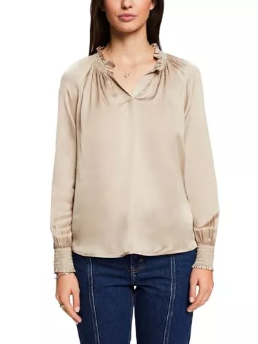 ESPRIT Langarmblusen ESPRIT Gesmokte Satinbluse mit V-Ausschnitt