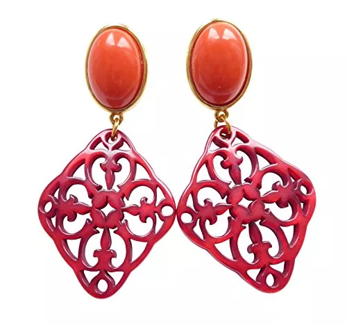 Mugello Schmuck Opulent: Sehr große leichte Ohr-Clips vergoldet Stein korall-rot Anhänger rot Statement Mode-Schmuck Fashion Glamour Fest Tracht Party JUSTWIN