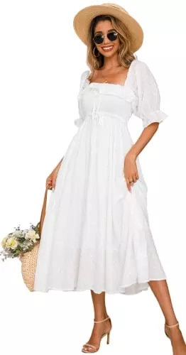 R.Vivimos Freizeit R.Vivimos Damen Polka Dot Slim Fit halbe Hülsenkleider Quadratischer Kragen Langes Midikleid