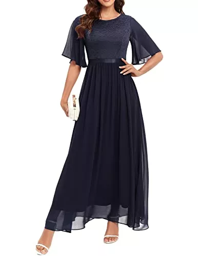 Bbonlinedress Abendkleider Bbonlinedress Abendkleider elegant für Hochzeit Spitzen Chiffon Ärmel Kleid festliches Brautjunferkleid Maxi Bridesmaid Dress Partykleid Abschlusskleid lang Ballkleid