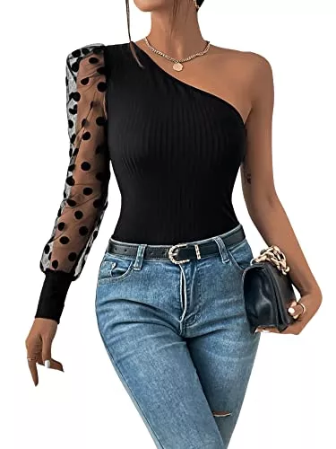 GORGLITTER Langarmblusen GORGLITTER Damen Langarmshirt Elegant EIN Schulter Top Transparent Bluse Mesh Oberteil Bluse Mit Polka Dots Schulterfreies Top Mit Punkte