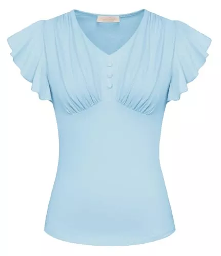 Belle Poque Kurzarmblusen Belle Poque Damen Blusen aus Baumwolle mit V Ausschnitt lässig Rüschen Kurze Ärmel Brustfalten Oberteile