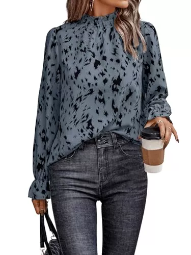 GORGLITTER Langarmblusen GORGLITTER Bluse Damen Elegant Langarm Oberteil Mit Rüschen Bluse Mit Stehkragen Hemdbluse Tunika Blusen Herbst