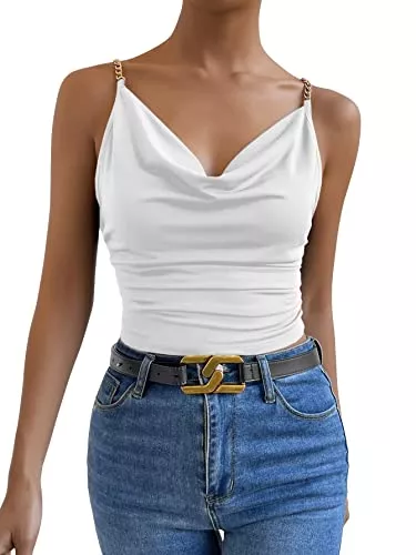 GORGLITTER Tops GORGLITTER Damen Spaghettiträger Crop Tops Camisole Wasserfallausschnitt Bauchfrei Oberteile Cami Top mit Ketten