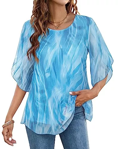 Timuspo Langarmblusen Timuspo Damen Chiffon Tunika Lässig Rundkragen Große Größen Halbärmel Bluse Top Sommer Loose Fit