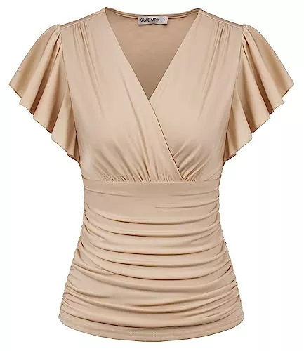 GRACE KARIN Kurzarmblusen GRACE KARIN Damen V-Ausschnitt Bluse Elegant Wickelbluse Laterne Langarm Slim Fit Plissee-Top Tunika Bluse