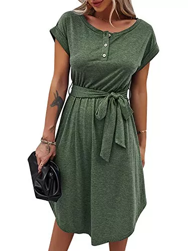 Bequemer Laden Freizeit Bequemer Laden Damen Sommer Kleid Knopfleiste Kurzarm Midi Kleider Elegant Sommerkleid Businesskleid mit Taille Krawatte