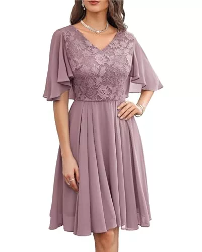 GRACE KARIN Cocktail GRACE KARIN Damen Elegant Cocktailkleid V-Ausschnitt Spitzenkleid Chiffon Knielang A-Line Abendkleid Party