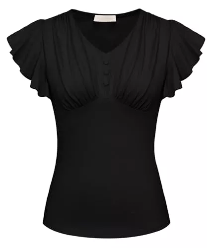 Belle Poque Kurzarmblusen Belle Poque Damen Blusen aus Baumwolle mit V Ausschnitt lässig Rüschen Kurze Ärmel Brustfalten Oberteile