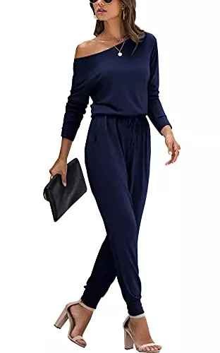 DEARCASE Jumpsuits DEARCASE Damen Elegant Schulterfrei Lose Jumpsuit Kurzarm/Langarm Playsuit Dehnbar Overall Hosenanzug Elastische Taille Romper mit Taschen