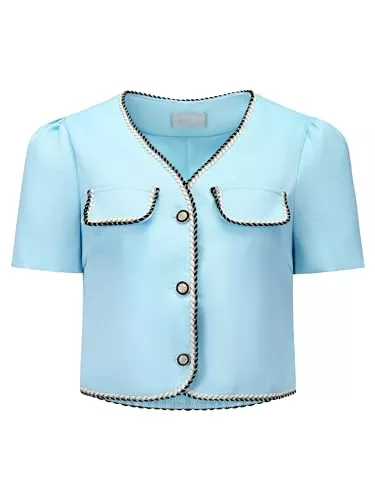 Hobemty Blazer Hobemty Damen Jacke Kurzarm Tweed Kontrastfarbe Knopfleiste Arbeits Büro Blazer