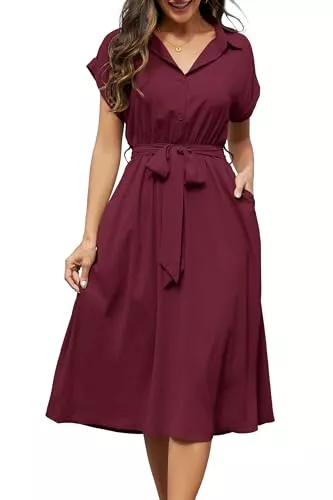 Cassiecy Freizeit Cassiecy Sommerkleid Damen Knielang Kurzarm Blusenkleid Elegant V-Ausschnitt Midikleid Casual Wickelkleid Strandkleid mit Taschen