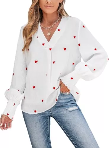 CUPSHE Langarmblusen CUPSHE Damen Blusen V Ausschnitt Liebesherz Stickerei Langarm Volants Rüschen Oberteile Elegant Hemd Top Shirts