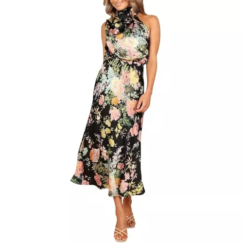 Odizli Abendkleider Odizli Damen Elegant Ärmellos Neckholder Satin Sommer Hochzeit Lang Abendkleider