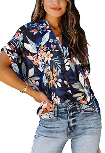 Sweezarmo Kurzarmblusen Sweezarmo Damen Sommer Bluse Damen Elegante Oberteile Damen Lässiges Langarmhemd Damen Bedruckte Blusen Damen V-Ausschnitt Blusen