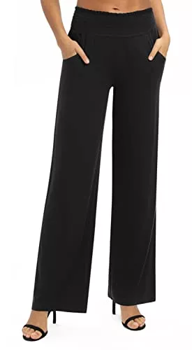 EXCHIC Hosen EXCHIC Damen Einfarbig Lose Gerade Geschnitten Palazzo Hose Hohe Taille Dehnbar Lounge Hose mit Taschen