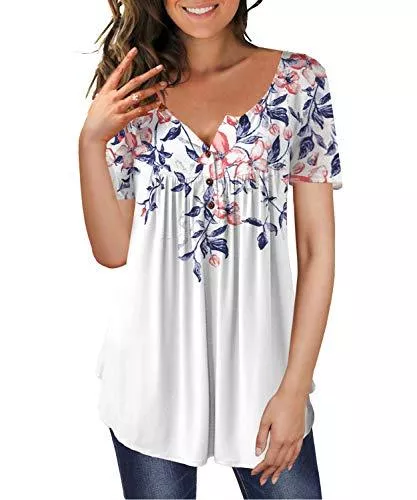 TUDOU Kurzarmblusen TUDOU Damen T-Shirt Langarm V-Ausschnitt Floral Knopfleiste Plissee Henley Bluse Casual Locker Blumen Tunika Tops
