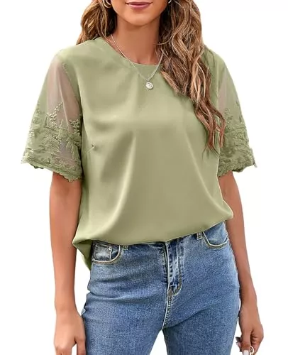 DJT Kurzarmblusen DJT Damen Blusen Tunika Sommer Chiffon Shirt Rundhals Spitze Kurzarm Einfarbig Blusenshirt