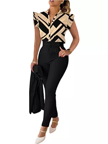shownicer Kostüme shownicer Anzug Damen Elegant 3 Teiler Sommer Drucken Rüschenärmel Hemd Bluse Und Hosen Und Gürtel Set Bussiness Outfit Hosenanzug Slim Fit Streetwear Anzüge Kombi