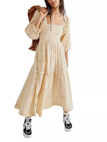 Acrawnni Freizeit Acrawnni Damen Maxikleid mit Blumenstickerei, lange Puffärmel, quadratischer Ausschnitt, gesmokt, gestuft, böhmisch, fließendes Kleid, Strandkleid, langes Kleid