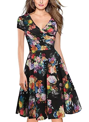 oxiuly Cocktail oxiuly Damen V-Ausschnitt Flügelärmel Floral Stretchy Swing Kleid Klassisch