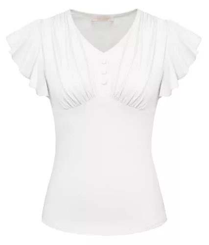 Belle Poque Kurzarmblusen Belle Poque Damen Kurzarm Bluse Shirts Sommer Baumwolle Tops V Neck Ruffle Elegant Vintage Tops