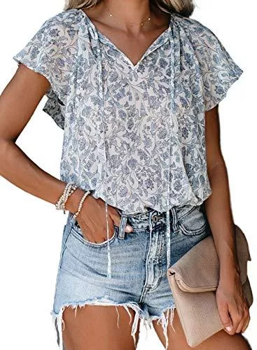 Dokotoo Kurzarmblusen Dokotoo Damen Bluse Sommer Blumen Kurzarm Tunika Boho Lose V-Ausschnitt Oberteile T-Shirt Tops S-2XL