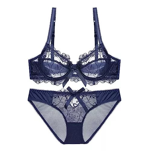 QWUVEDS Unterwäsche & Dessous Frauen sexy Unterwäsche im Blumendruck Spitze solide Spaghetti BH Dessous Set Mit Strapsen Spitzenunterwäsche Set Sexy Damen Slip Mit Spitze (0818D-Blue, 85B)
