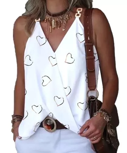 Yeenily Tops Yeenily Damen Satin Tank Top Sommer Ärmellose T Shirt Casual Träger Bedruckte V-Ausschnitt Camisole Bluse Top