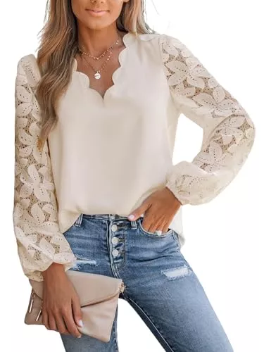 CUPSHE Langarmblusen CUPSHE Damen Blusen V Ausschnitt Wellenkante Spitzenärmel Langarmshirt Lässige Spitzen Oberteile Tunika Bluse Tops