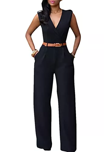 Fixmatti Jumpsuits Fixmatti Damen Jumpsuit mit weitem Bein, Knopfleiste, ärmellos, langes Bein, Strampler mit Gürtel