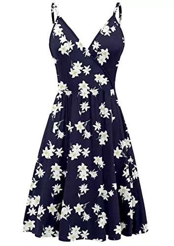 DEARCASE Freizeit DEARCASE Damen V-Ausschnitt Blumenmuster Spaghettiträger Sommerkleid Ärmellos Casual Swing Midi Sundress mit Taschen