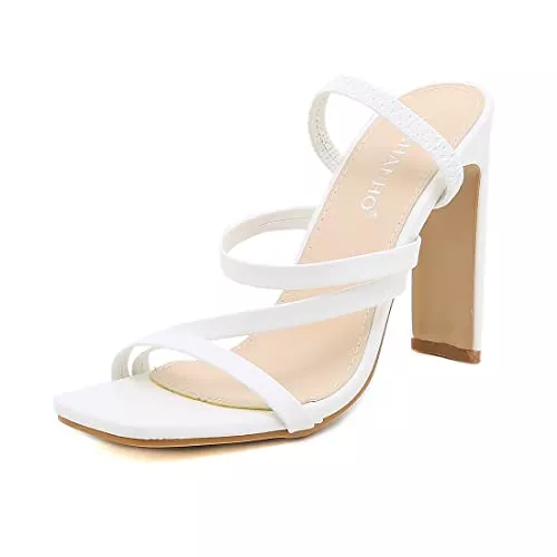 CAIJ Sandalen & Slides Damen Square Open Toe Slip On Block Sandalen Riemchen rückenfreie High Heel Slides Verstellbare Absatzpantoletten