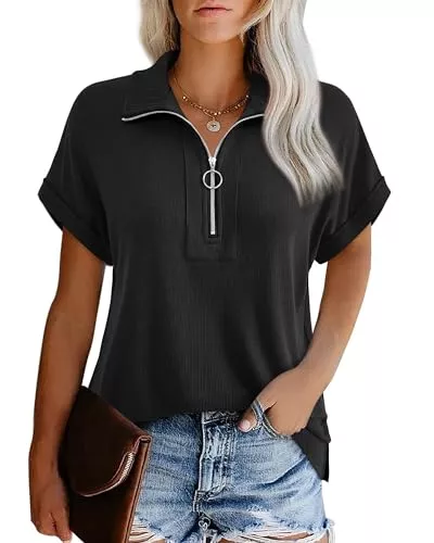 Datuhao Kurzarmblusen Datuhao Bluse Damen Kurzarm Sommer Oberteile Elegant Locker 1/4 Zip Kragen Gerippte Business Shirt mit Überschnittenen Schultern