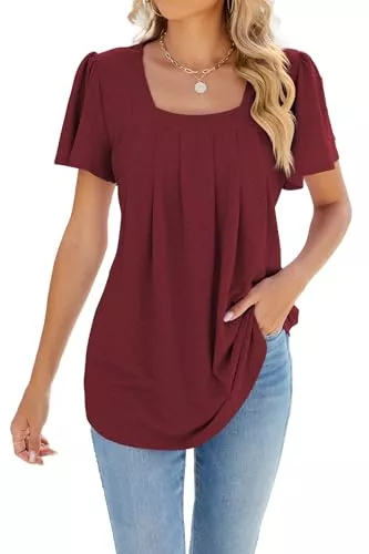 ZIYYOOHY Kurzarmblusen ZIYYOOHY Damen Sommer Bluse quadratischer Ausschnitt Kurzarm Elegant Spitze Ösen Spreizkragen mit Plissiert T-Shirt Lässig Basic Tunika Oberteil Tops