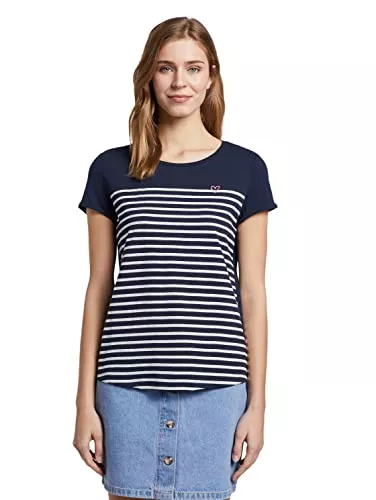 TOM TAILOR Denim T-Shirts TOM TAILOR Denim Damen Streifen T-Shirt mit Herz-Stickerei auf der Brust