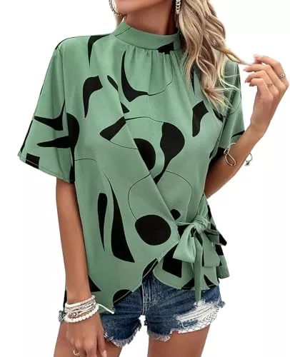 MYCOLORBLUE Kurzarmblusen MYCOLORBLUE Novelty Rhapsody Damen Bluse Elegant Stehkragen Shirts Geschnürt Kurzarm Freizeitshirt Dating Sommerbluse