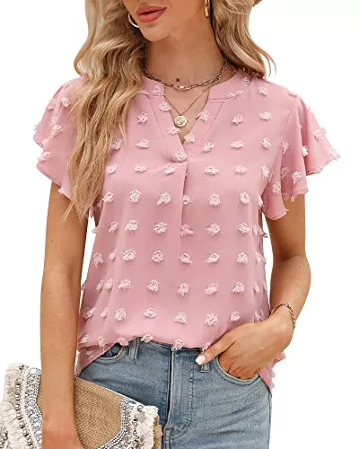 Bequemer Laden Kurzarmblusen Bequemer Laden Damen Sommer Rüschen Kurzarm T-Shirt V-Ausschnitt Swiss Dot Elegant Bluse Top Tunika Oberteile 2023