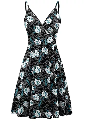 DEARCASE Freizeit DEARCASE Damen V-Ausschnitt Blumenmuster Spaghettiträger Sommerkleid Ärmellos Casual Swing Midi Sundress mit Taschen