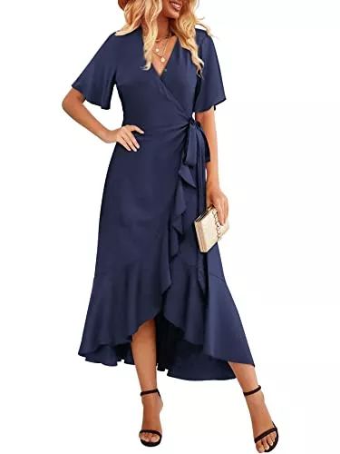 Beluring Freizeit Beluring Damen Wickelkleid Elegante V Ausschnitt Langarm/Kurzarm Lange Kleid