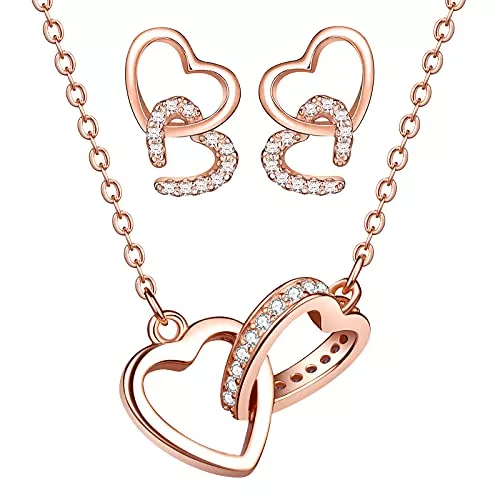 Yumilok Schmuck Yumilok Damen Schmuckset Halskette Ohrringe Set Doppel Herz Kette Ohrstecker in 925 Sterling Silber mit Zirkonia Allergenfrei Roségold