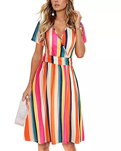 OUGES Freizeit OUGES Sommerkleid Damen Kurzarm V-Ausschnitt Knielang Blumenmuster Midi Kleid mit Taschen