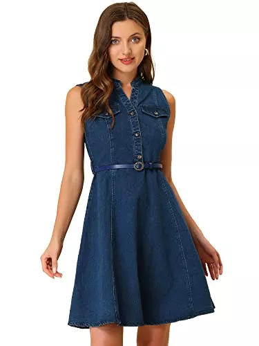 Allegra K Freizeit Allegra K Damen Jeanskleid Ärmellos Henley V-Ausschnitt Gürtel Denim Minikleid Kleid