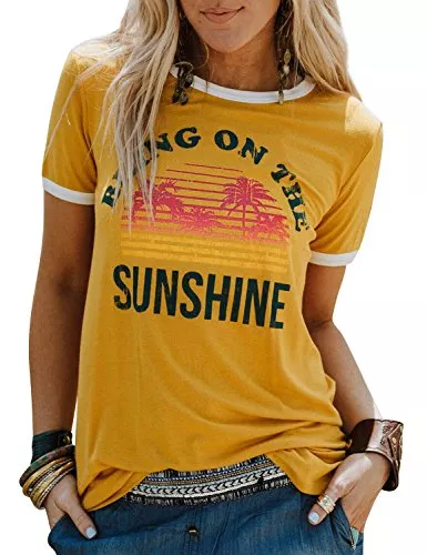 Dresswel T-Shirts Dresswel Damen Bring On The Sunshine T-Shirt Kurzarm Rundhals Regenbogen T Shirt Grafik Druck Tee Shirts Sommer Oberteile Tops