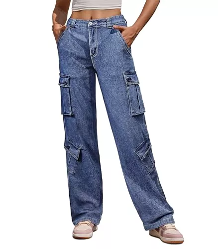 Fuakesor Jeans Fuakesor Cargohose Damen Baggy Y2K Multi Taschen High Waist Stretch Wanderhose Sport Jogginghose mit Elastischen Knöcheln