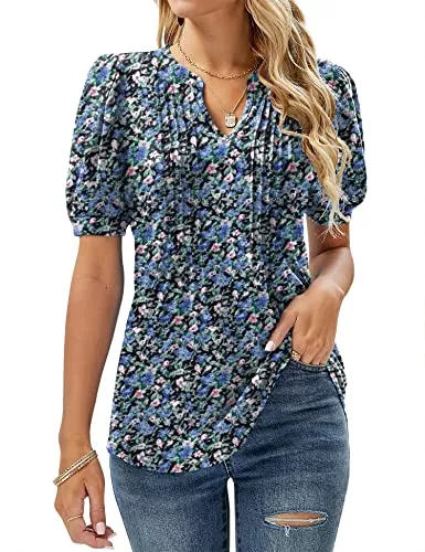 EFFAN Kurzarmblusen EFFAN Bluse Damen Kurzarm T-Shirts V-Ausschnitt Blumen Falten Tunika Sommer Oberteile Locker Lässig Longshirt…