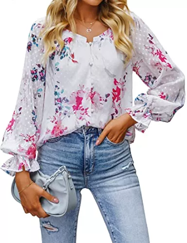 Roskiky Langarmblusen Roskiky Bluse Damen Elegant Damen Oberteile Dressy Casual Button Down Blouse Floral Peasant Tops Lantern Ruffle Tunika Damen Langarm