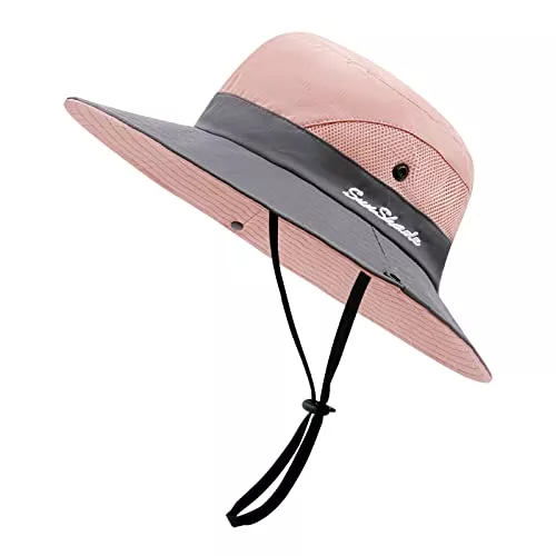 SEYUFN Hüte & Mützen SEYUFN Damen Sonnenhut Outdoor Sommer Wanderhut Damen UV-Schutz Bucket Cap Faltbar Mesh Pferdeschwanz Breite Krempe Zum Safari Angeln (A-Grau-Rosa)