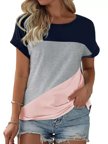 Fisoew T-Shirts Fisoew Damen T-Shirt Rundhals Farbblock Kurzarm Shirt Casual Oberteil Sommer locker Tops (Rosa, M)